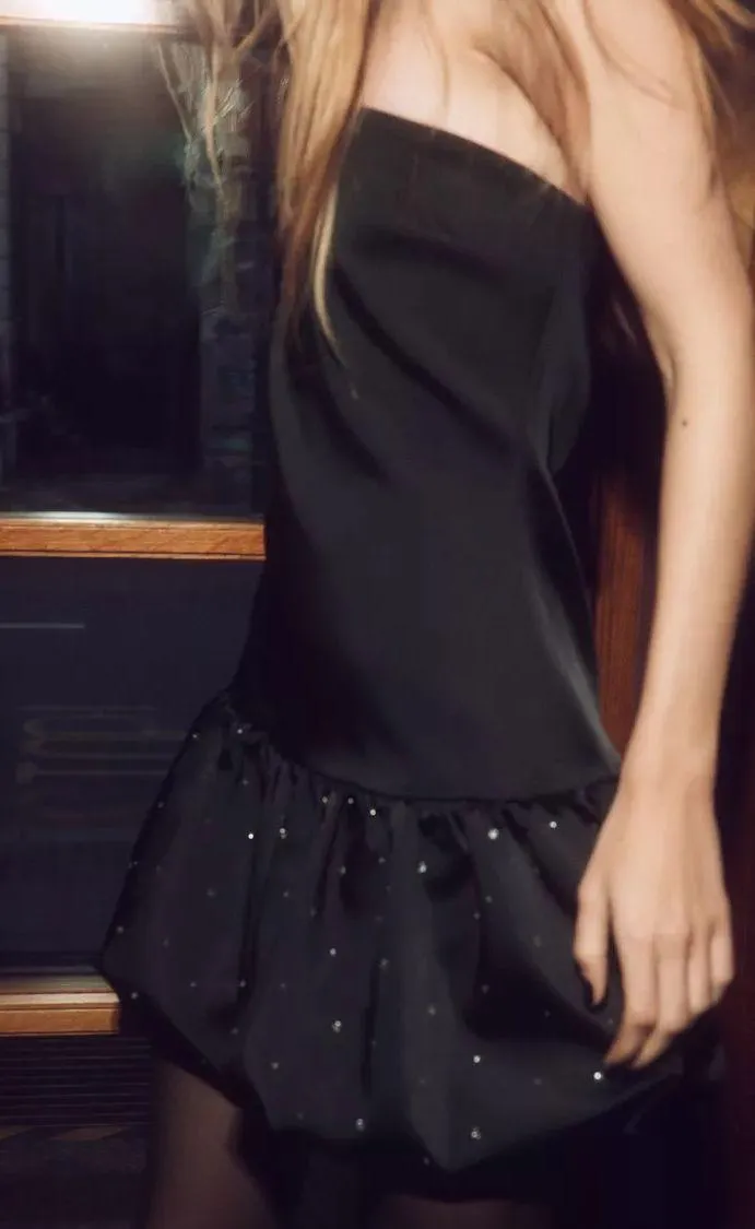 Zara mini dress strapless little black rhinestones balloon corset bodycon party  - Image 4