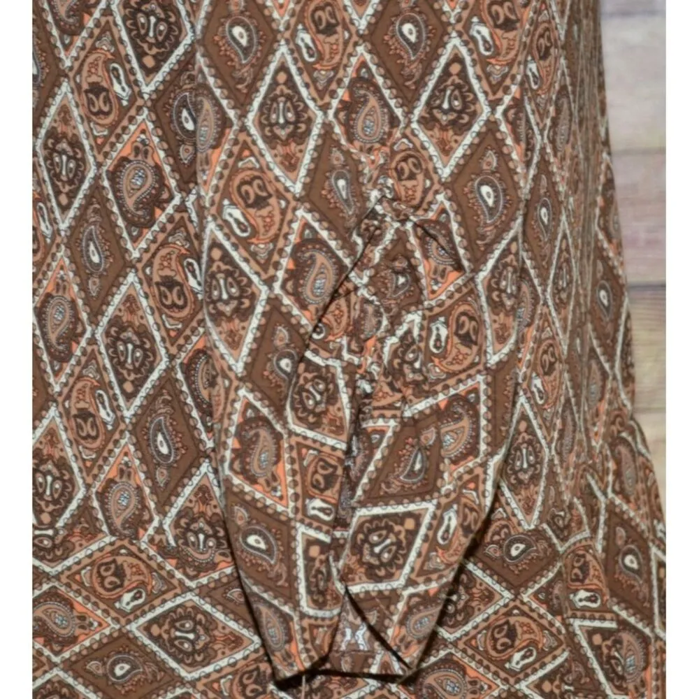 THML Anthropologie Brown Geometric Paisley Print Dress Tie Neck Size M Old Money - Image 9