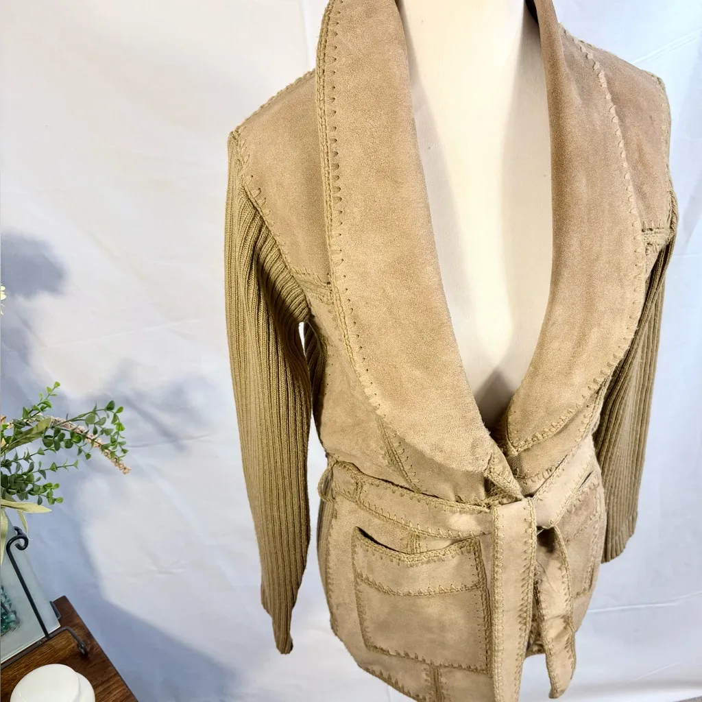 Vintage Banff Sweater Bee Tan Suede Patchwork Belted Open Jacket – Medium🧡 - Image 3