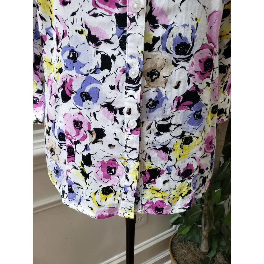 Dana Buchman Women's Multicolor Floral Collared Long Sleeve Button Down Shirt M - Image 3