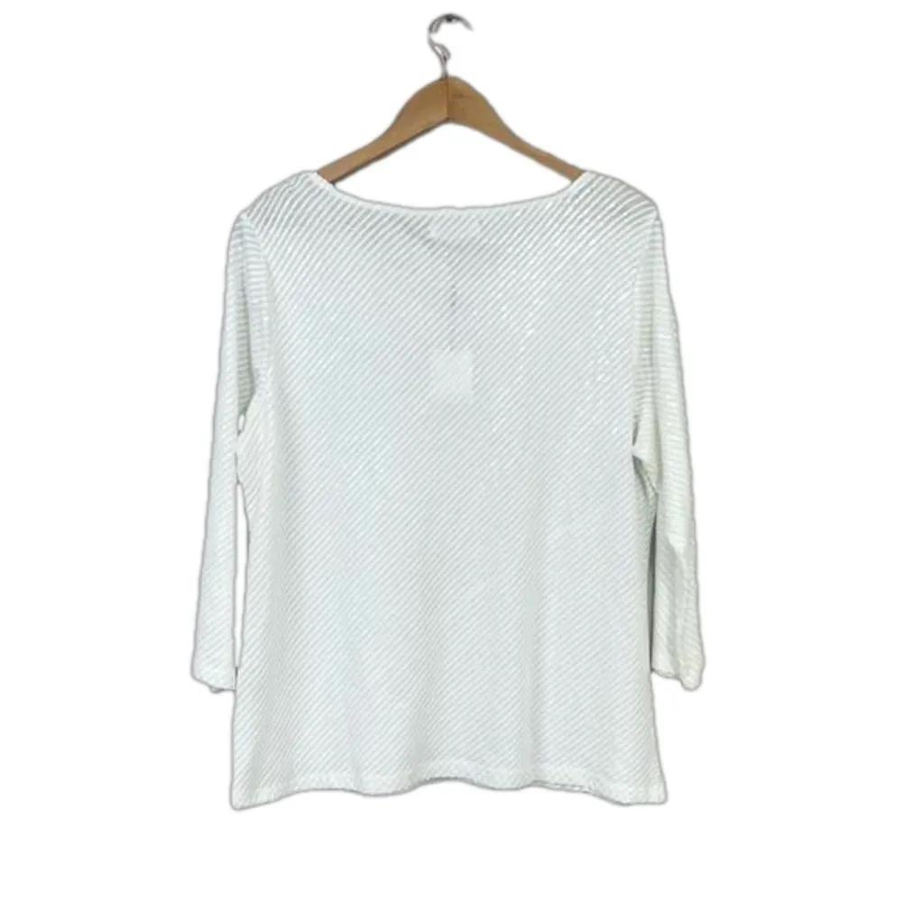 CALVIN KLEIN Women's White 3/4 Sleeve Crewneck Sequin Pullover Top XL Holiday - Image 2