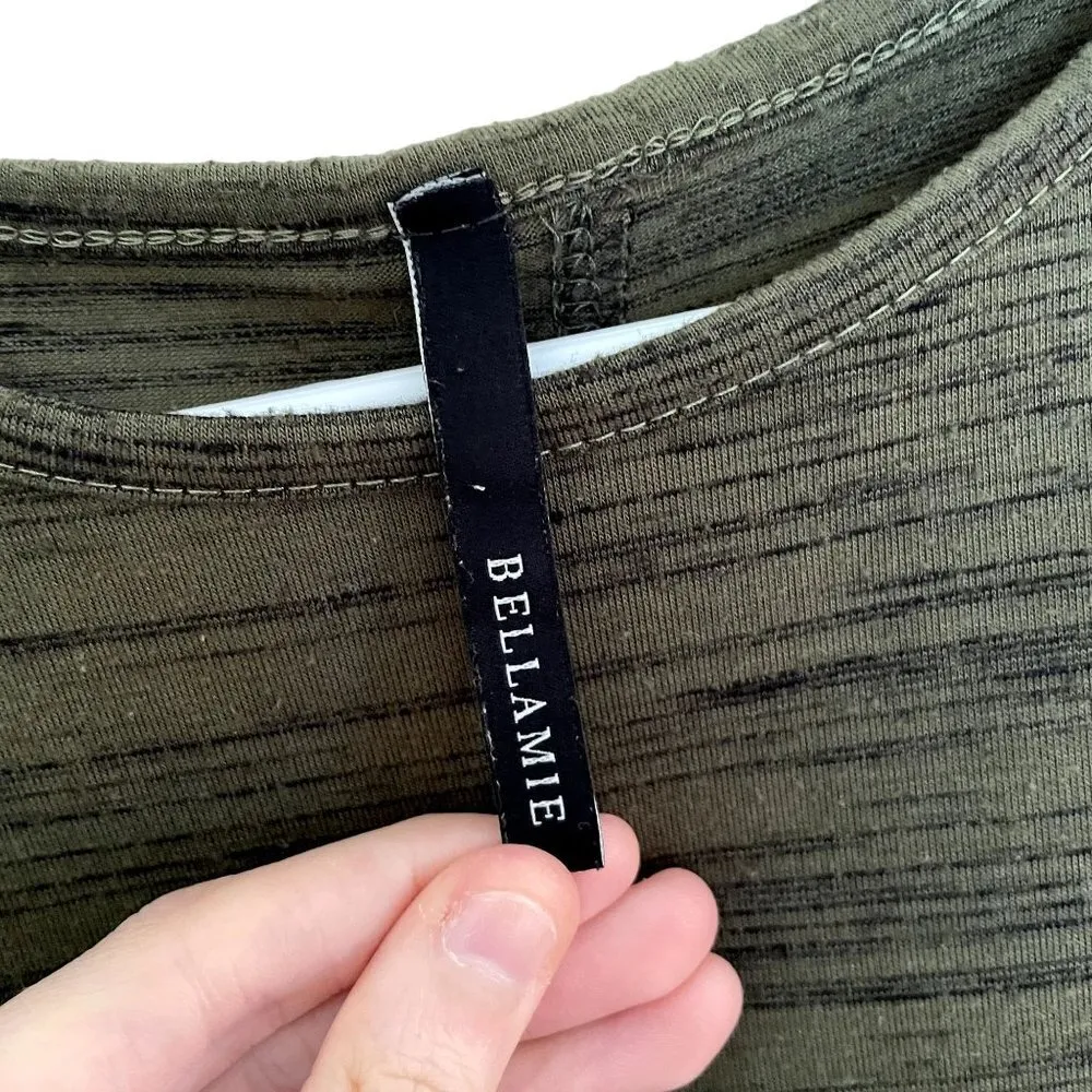 Bellamie green long sleeved top crewneck buttons elbow patch leather work - Image 3