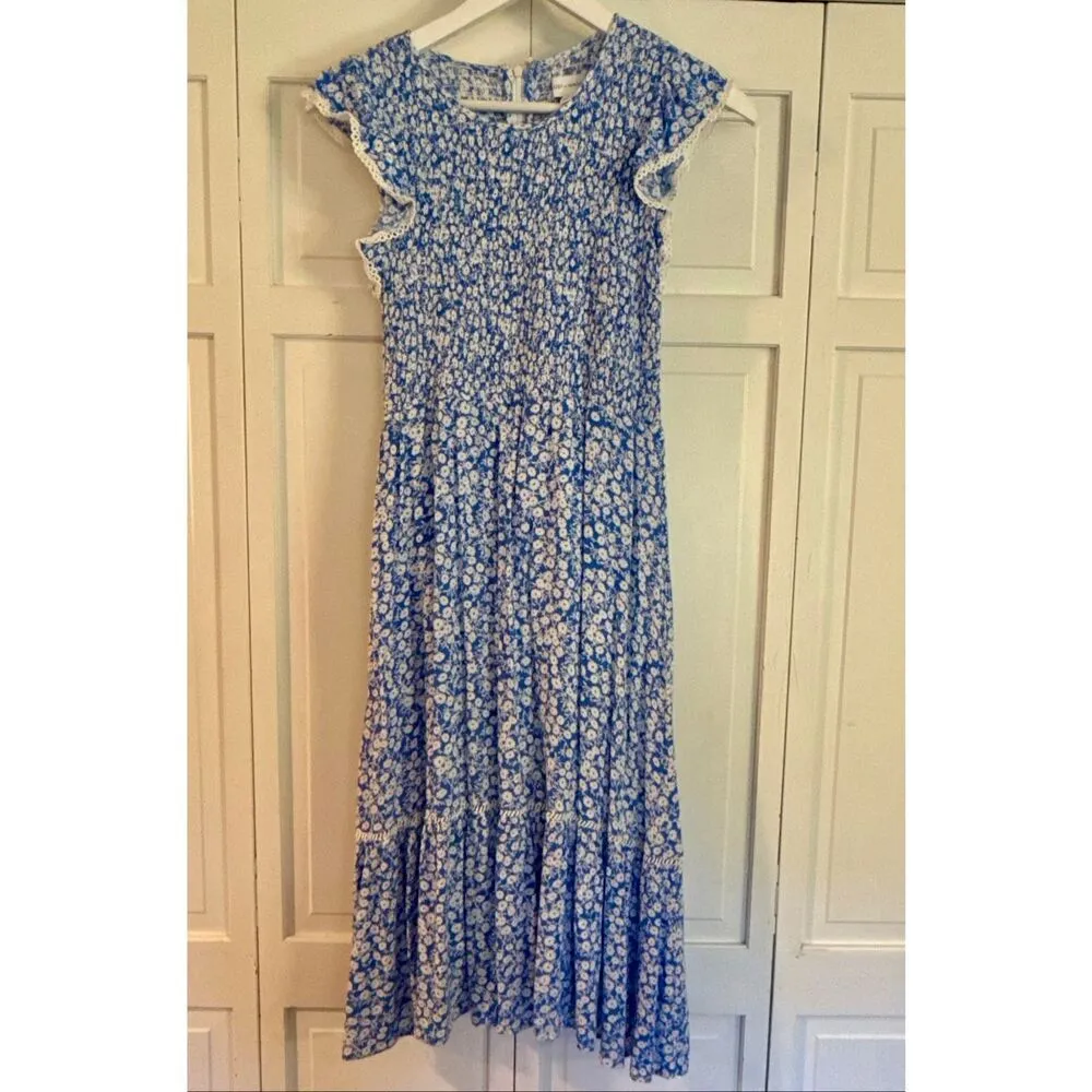 Lost & Wander pick me blue floral shirt ruffle smocked midi dress small - Image 11