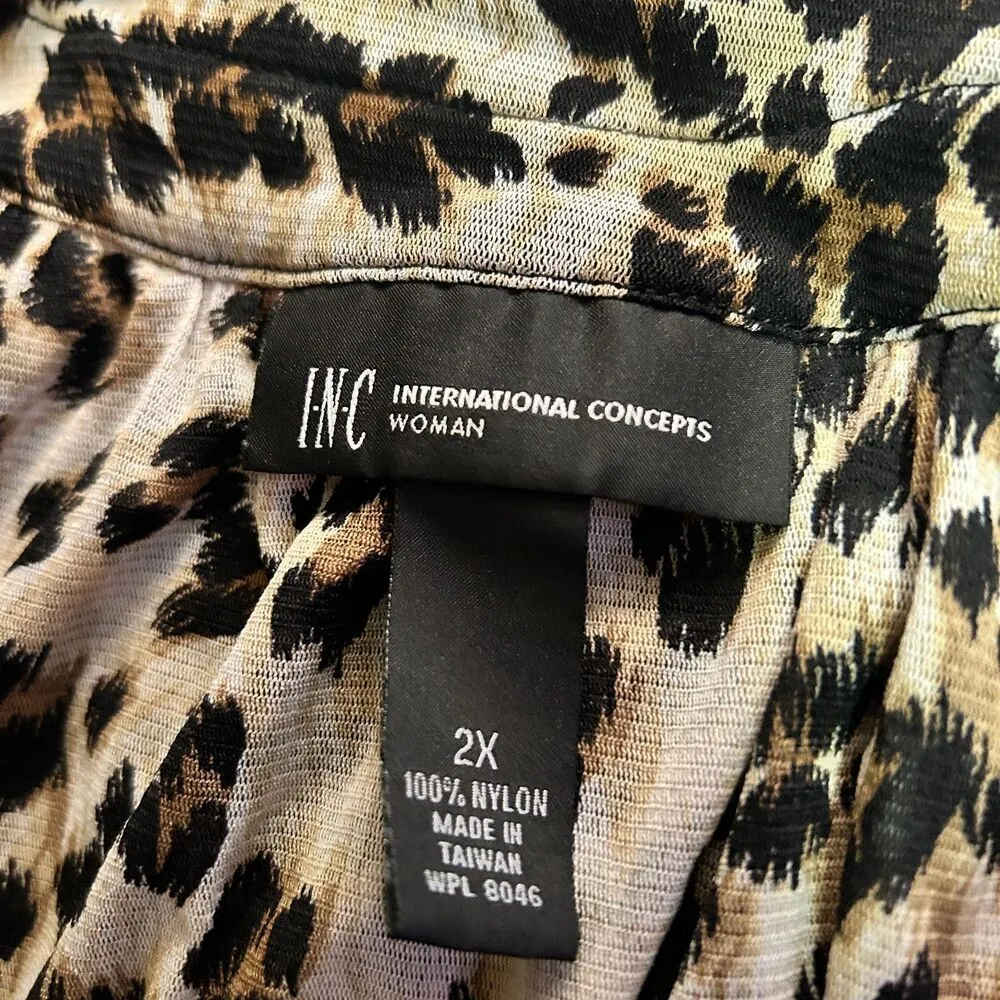 INC International Concepts Woman 2X Animal Print Ruffle Neck Top Brown - Image 4