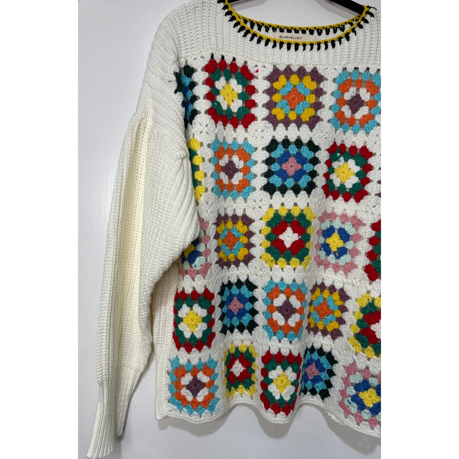 Blue Velvet Brianna Granny Square Knit Long Sleeve Sweater White Multi Small NWT - Image 5