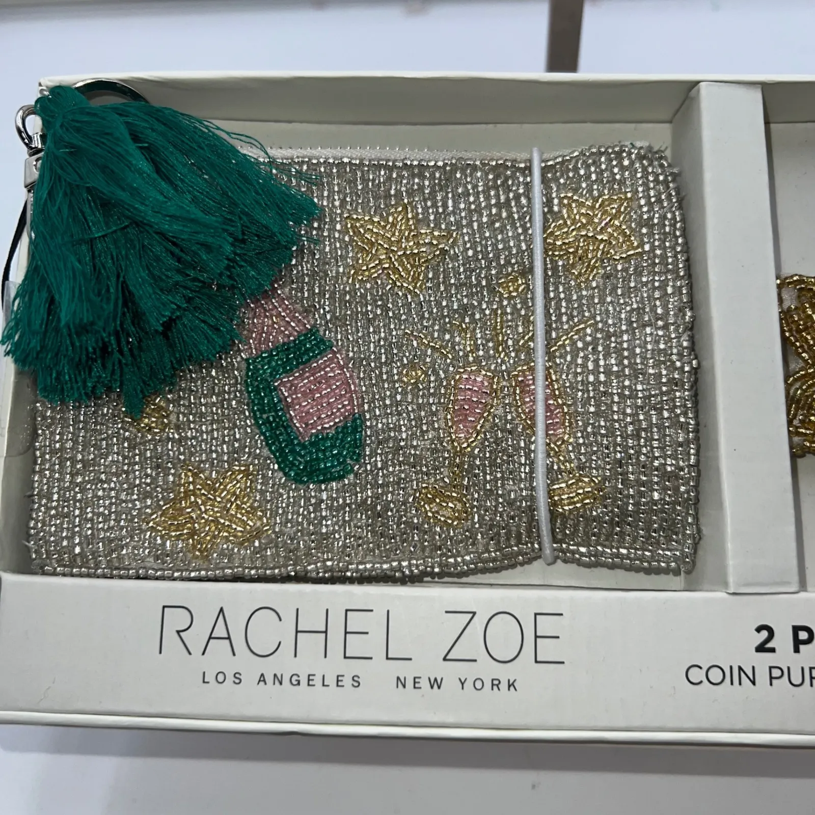 Rachel Zoe 2 Piece Coin Purse & Charm Set Beaded Star Champagne Bottle Green - Image 3
