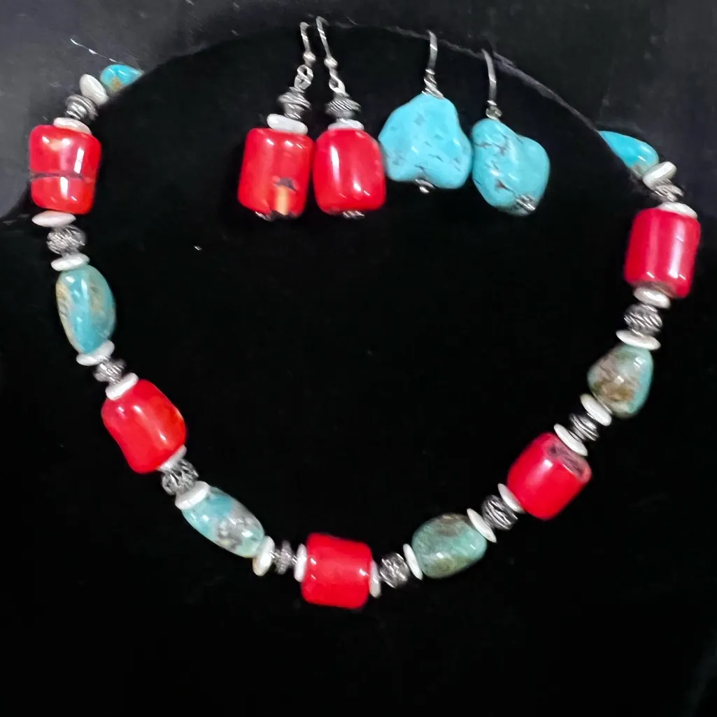 Coral & Turquoise Necklace & Earring Set Red - Image 5