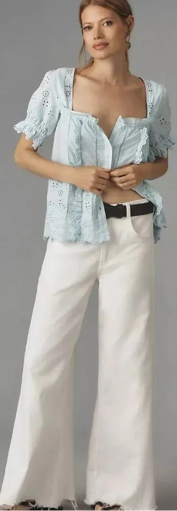 NWT By Anthropologie Puff Sleeve Eyelet Cotton Top Sky Blue Boho Style Ruffle - Image 2