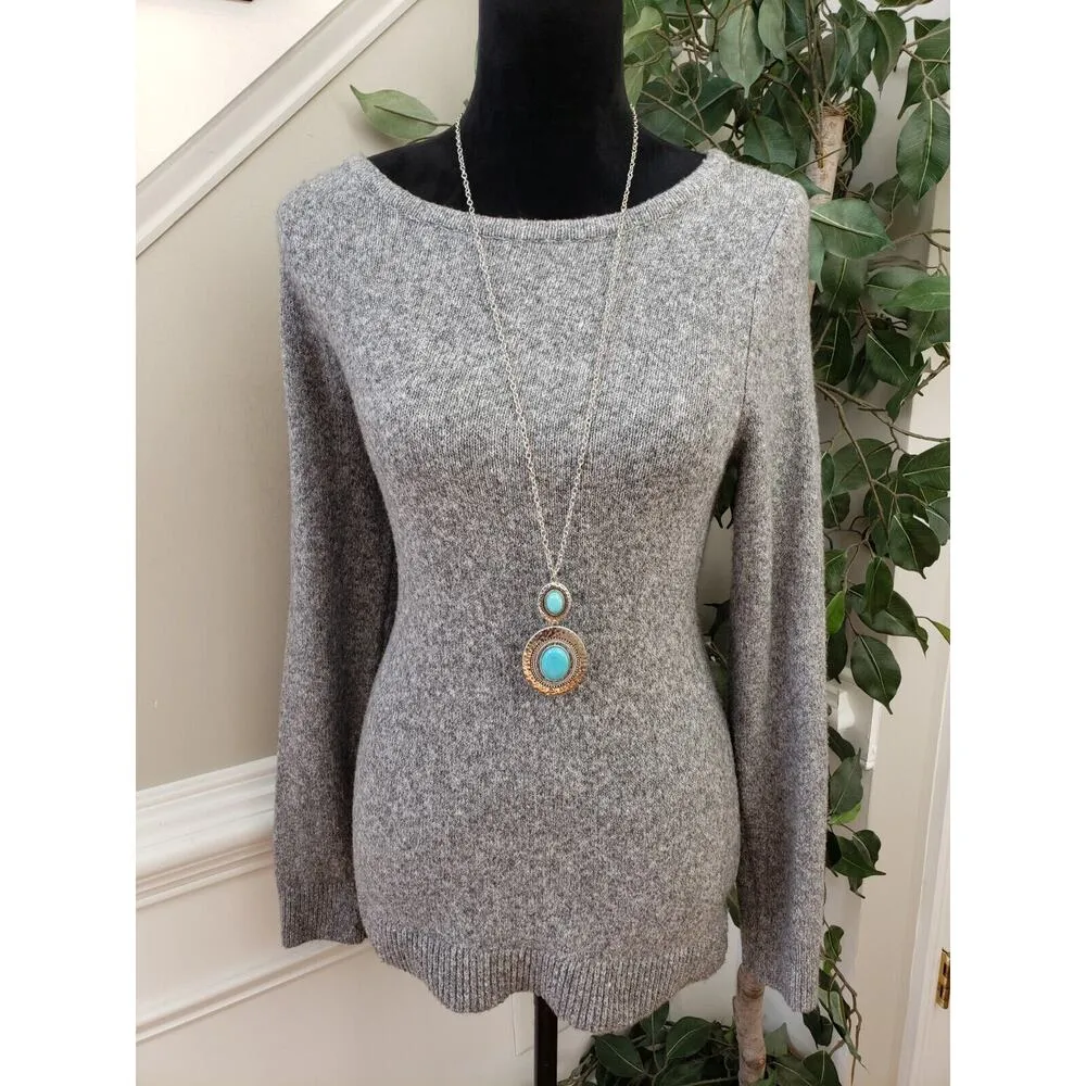 Loft Gray Solid Cotton Open Back Twist Crew Neck Long Sleeve Sweater Size Small - Image 10