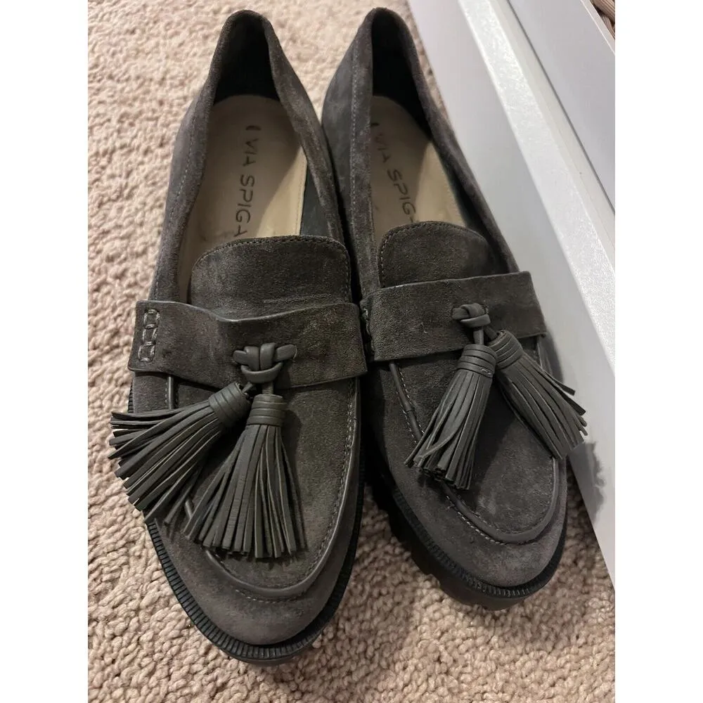 VIA SPIGA SUEDE TASSELED SLIP ON WOMAN'S BROWN COMFORT CHUNKY HEELS LOAFERS Sz 6 - Image 2