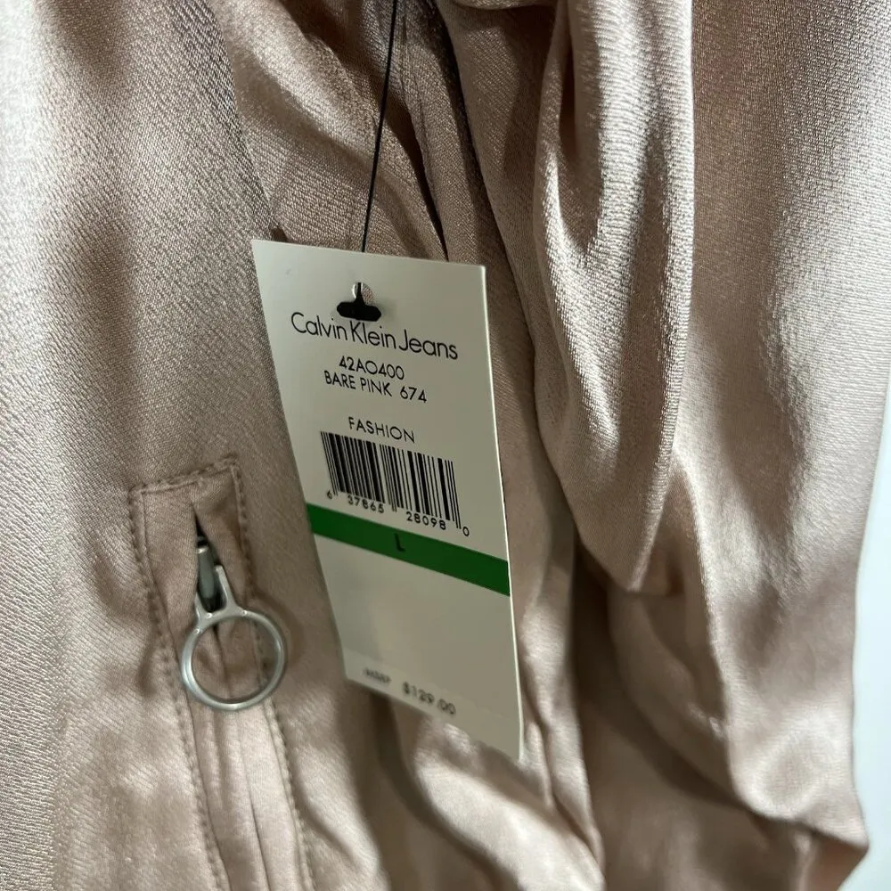 Calvin Klein Jeans Woman Puffy Satin Bomber Jacket Size Large Pink New With Tags - Image 7