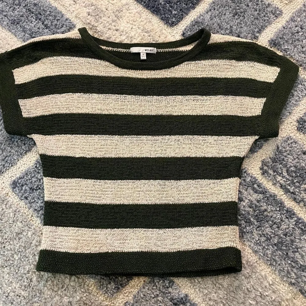 WDNY Cream & Olive Striped Knit Shirt Sweater Top Women's Size M Green Size M - Image 2
