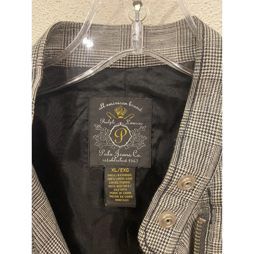 Polo Jeans Co Ralph Lauren Jacket Womens XL Gray Linen Moto Plaid Zip Front - Image 2
