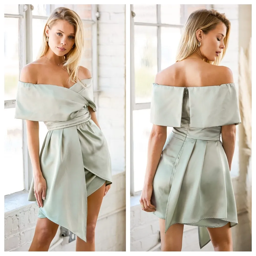 Lulus Always Celebrating Sage Green Satin Off-the-Shoulder
Mini Dress - Image 2