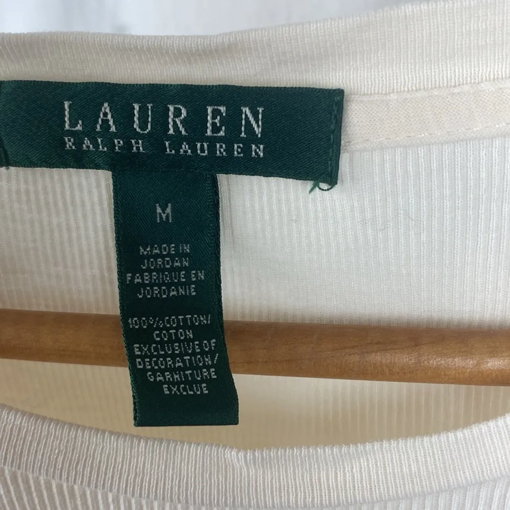 Ralph Lauren Cream & Brown Leather Shoulder Long Sleeve Ribbed Tee T Shirt Top M - Image 4