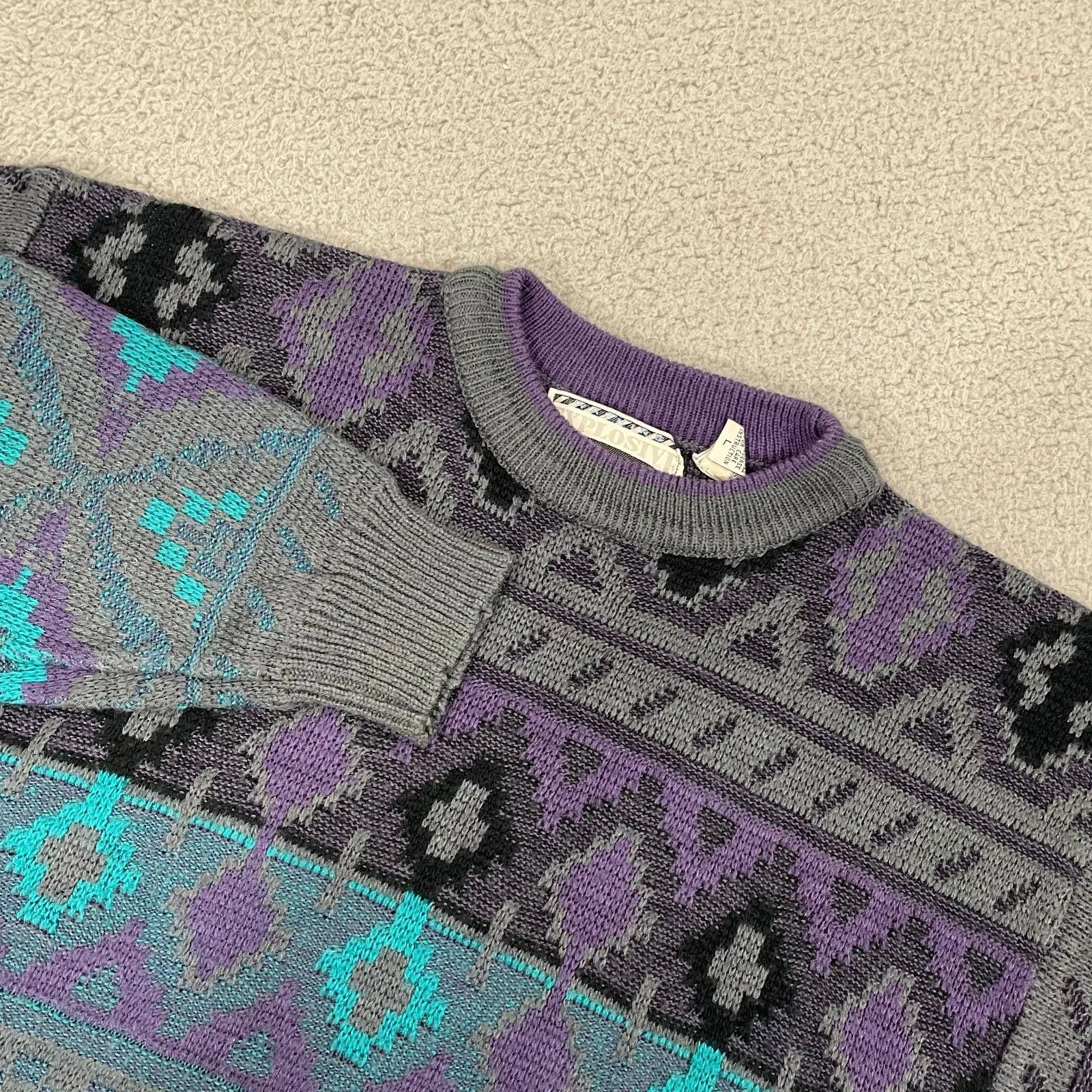 VTG Explosive Saturdays Styling Sweater Women M Geometric Knit 90s Pullover Gray Size L - Image 2