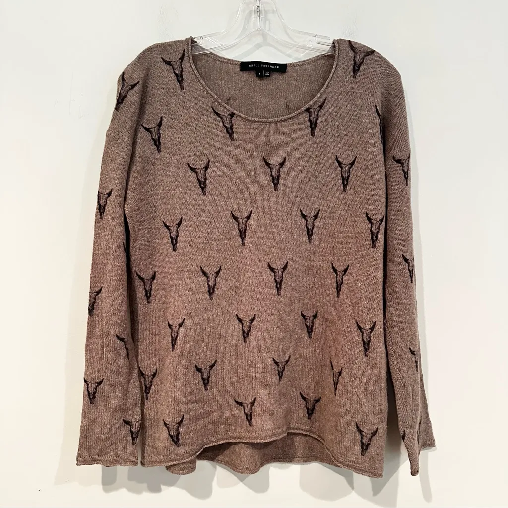 Skull Cashmere Dawson Sweater Women's Small Brown Longhorn Western Boho Grunge - Image 2