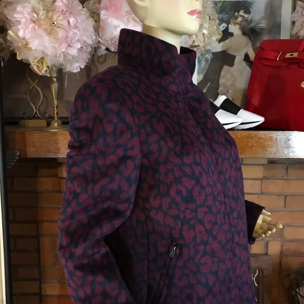 LOFT NAVY BLUE AND MAROON LEOPARD PRINT WOOL BLEND COAT (M) - Image 8