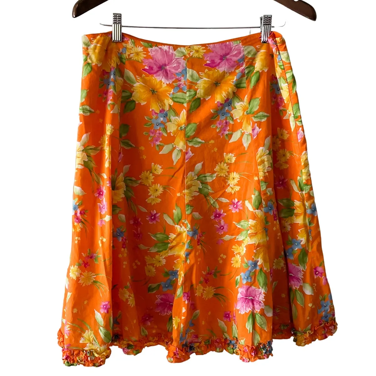 Y2K tropical floral 100% cotton ruffle trumpet hem kick skirt size 10 medium Orange - Image 6