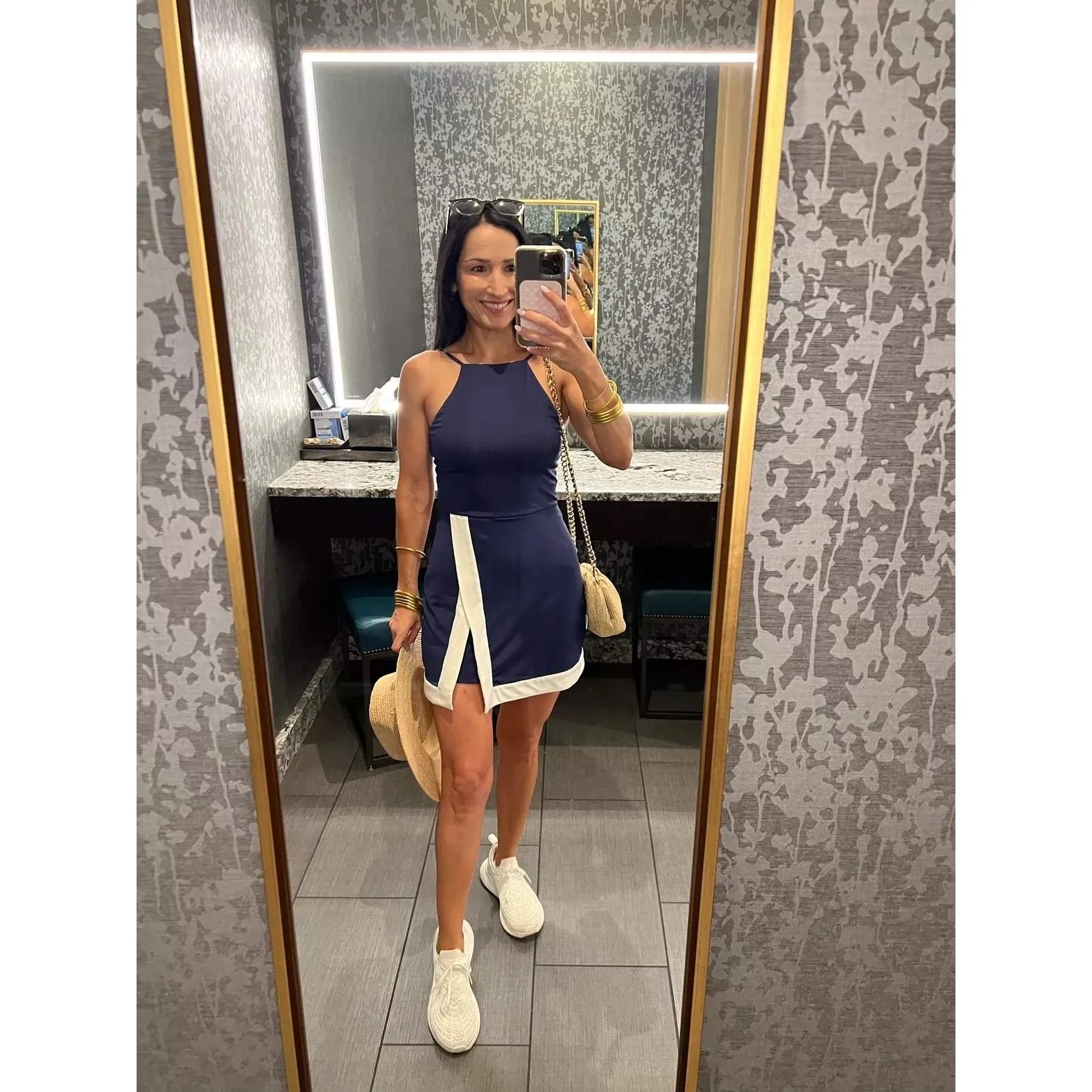 $235 NWOT STAUD Court Top Spin Navy Blue Halter Skirt Dress Contrast Trim - Image 2