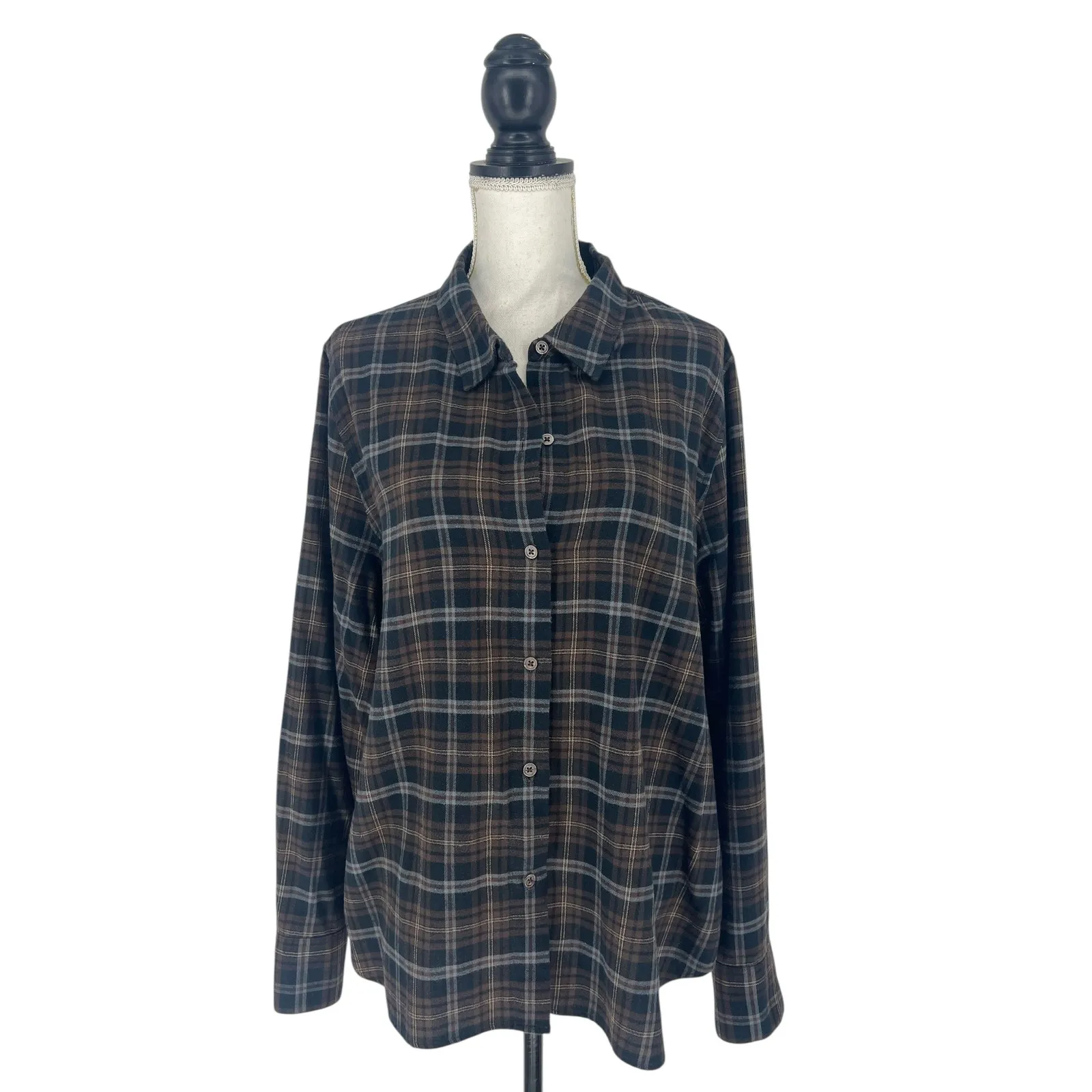 Jenni Kayne Classic Plaid Flannel Shirt Brown and Black Cotton - Image 2