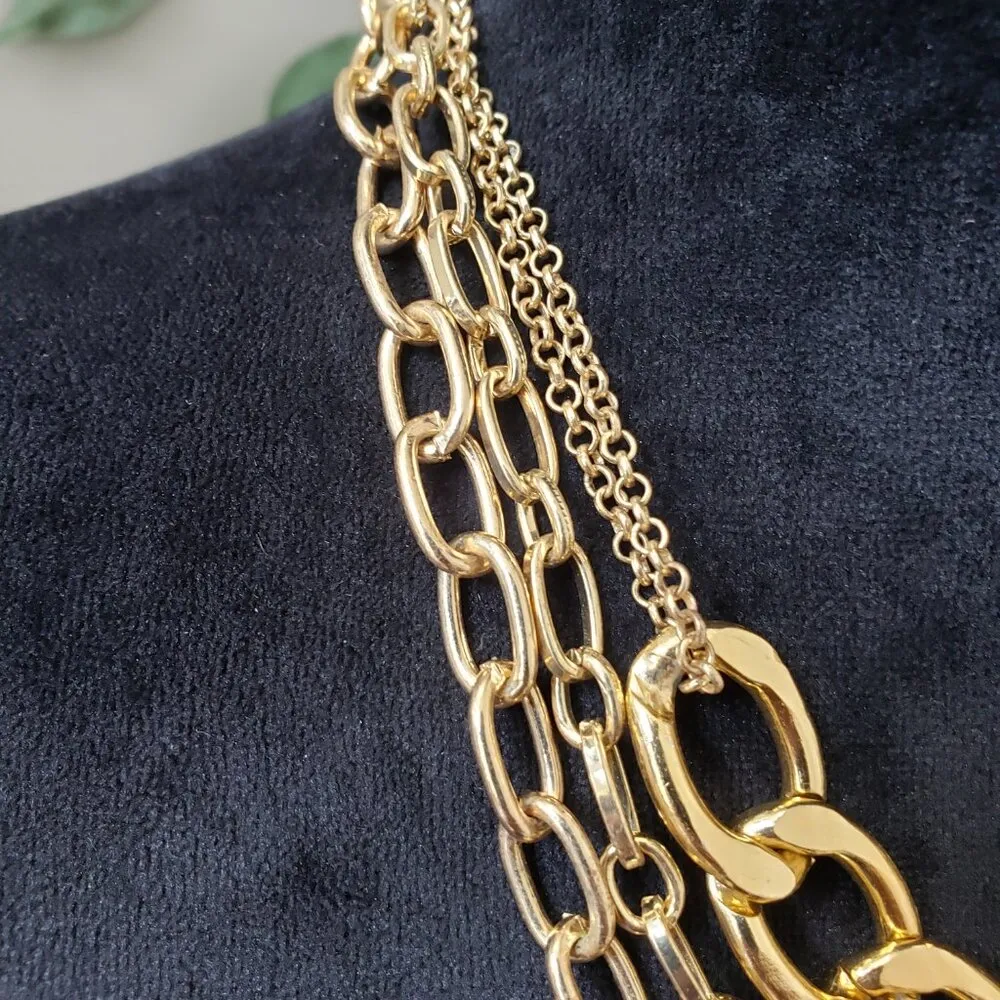 Women Gold Tone Triple Strand Paperclip & Linked Chain Necklace w/ Lobster Clasp - Image 5
