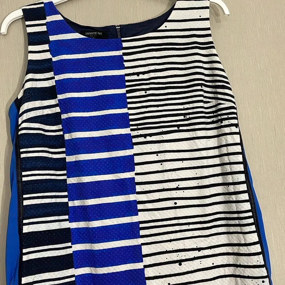 Lafayette 148 dress size 14 blue navy white stripe paint splatter print texture - Image 3
