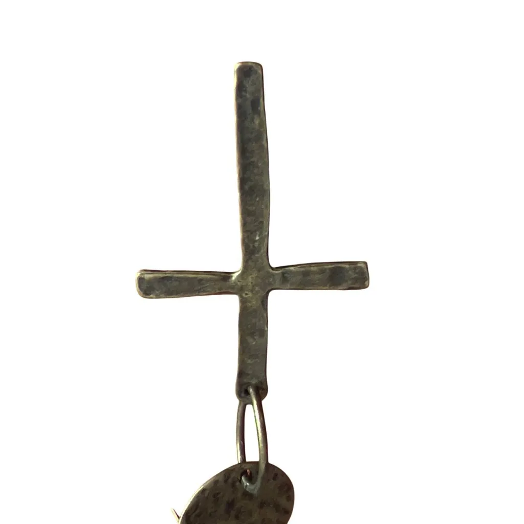 Rustic Brass Cross Pendant SINGLE Earring Hammered Hook 3.75" 7.08g - Image 2