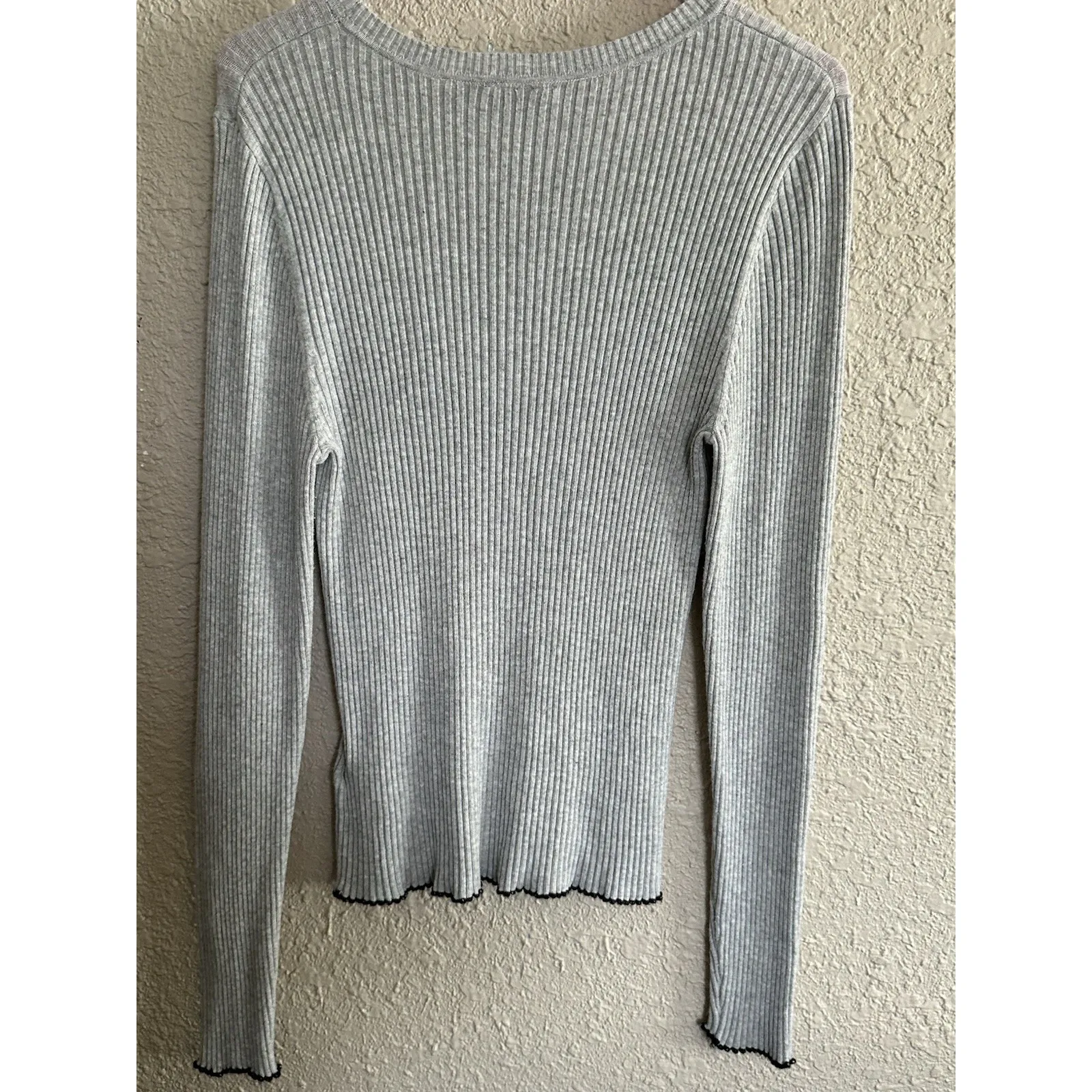 VTG‎ Y2K Sweater Women Gray Contrast Lettuce Hem Large Lightweight Bella Elena - Image 5