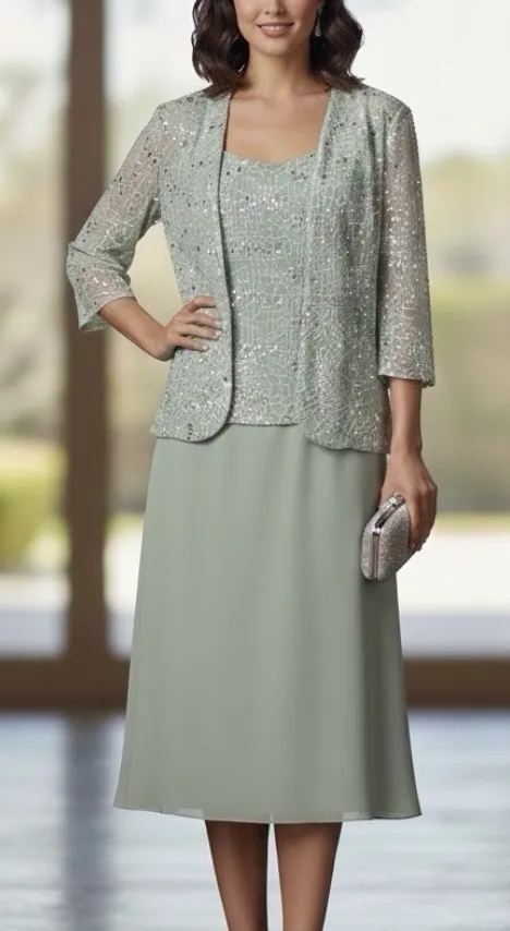 Alex Evenings Sage Green Sequin Jacket Top Pull On Skirt Dress MEDIUM PETITE - Image 1