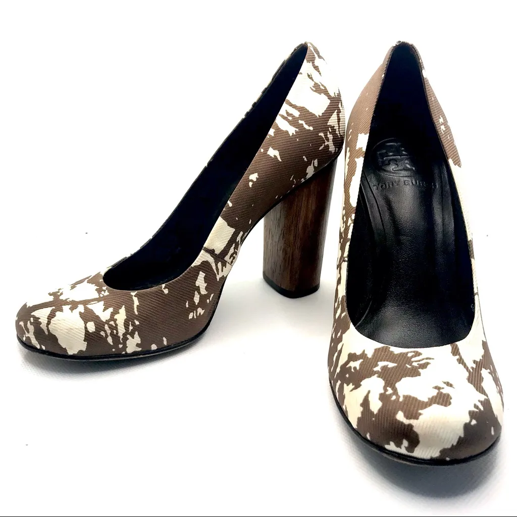 TORY BURCH BROWN & CREAM FABRIC "BRIA" STACKED HEEL PUMPS (5M) - Image 4