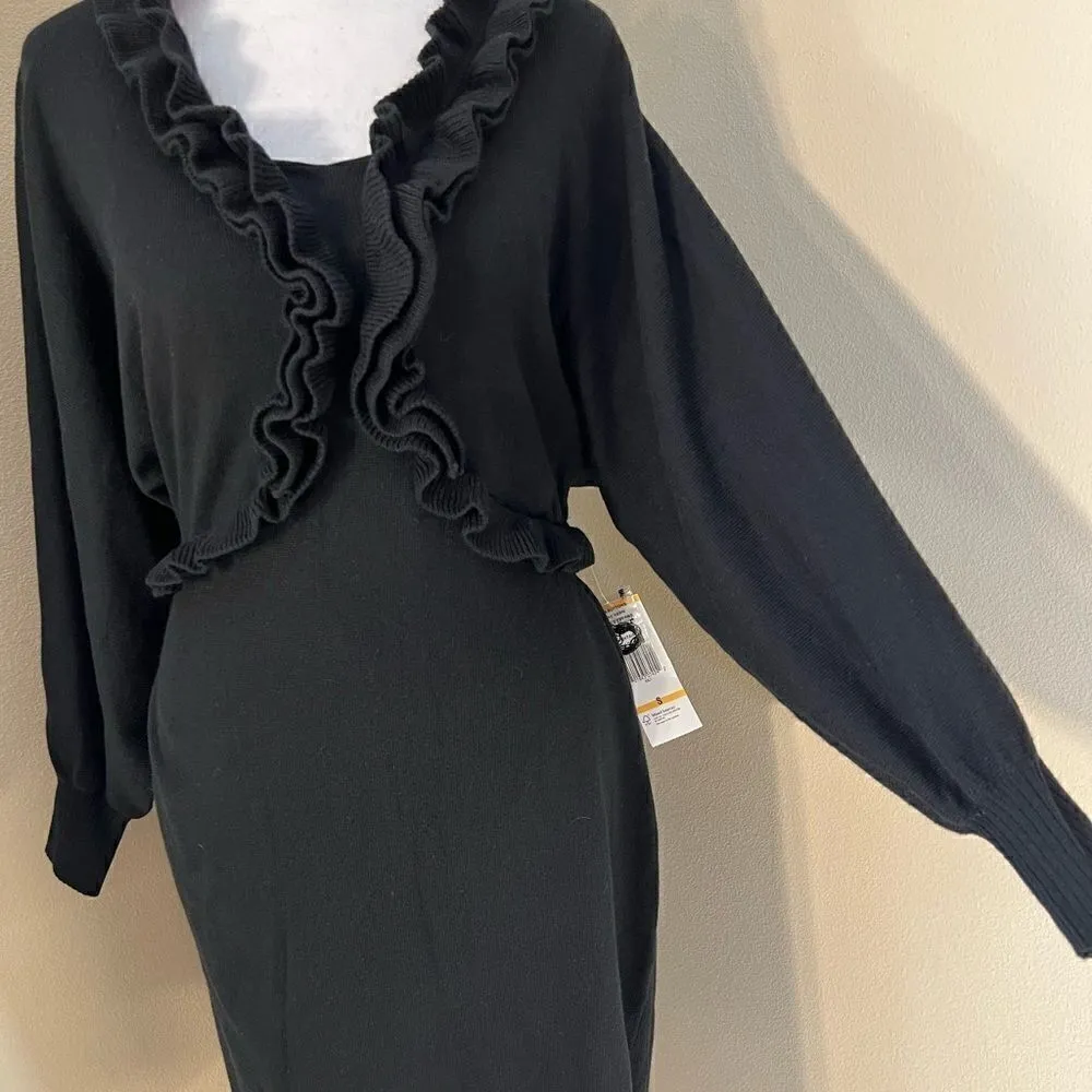 NWT! Evan Picone Ruffle Black Dress w Long Dolman Style Sleeves Small - Image 6