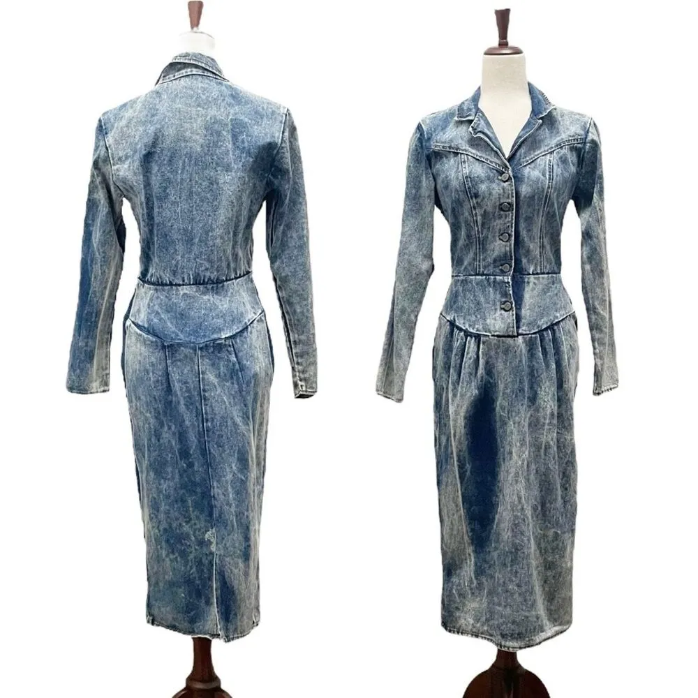 Vintage 80s Hollywood Blvd Acid Wash Denim Western Cowgirl Dress Women’s Size 6 Blue - Image 13