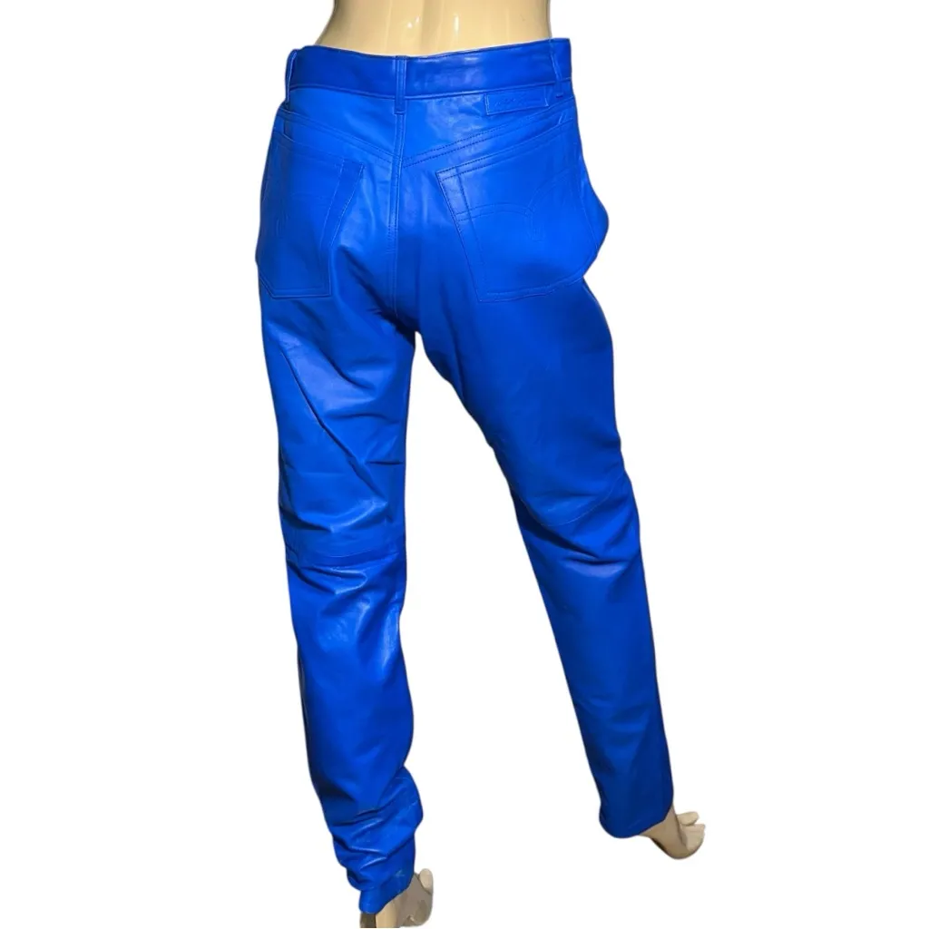 Ralph Lauren Purple Label Vintage 12 Bright Blue Leather High Rise Jeans Pants - Image 5