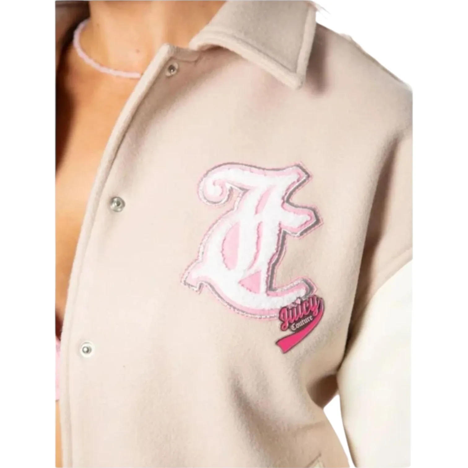 Juicy Couture Women’s Large Beige White Varsity Jacket Pink Logo Preppy Y2K - Image 3