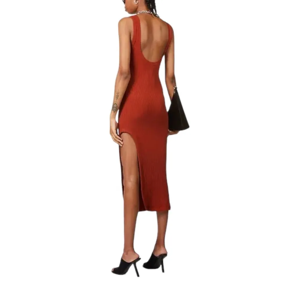 NWT Alix NYC Scoop Neck Stretch Jersey Ribbed Midi Dress in Rust Palma - Image 3