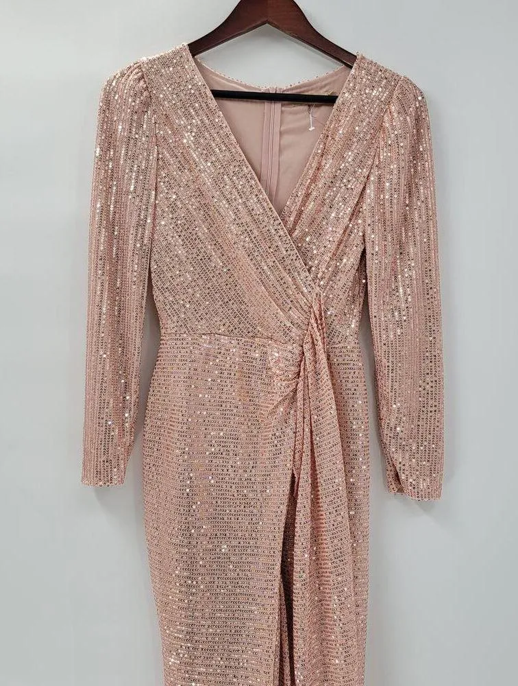 Sublime Sequined Gown S Pink Faux Wrap Long Puff Sleeve Tigh Slit Party Wedding - Image 3