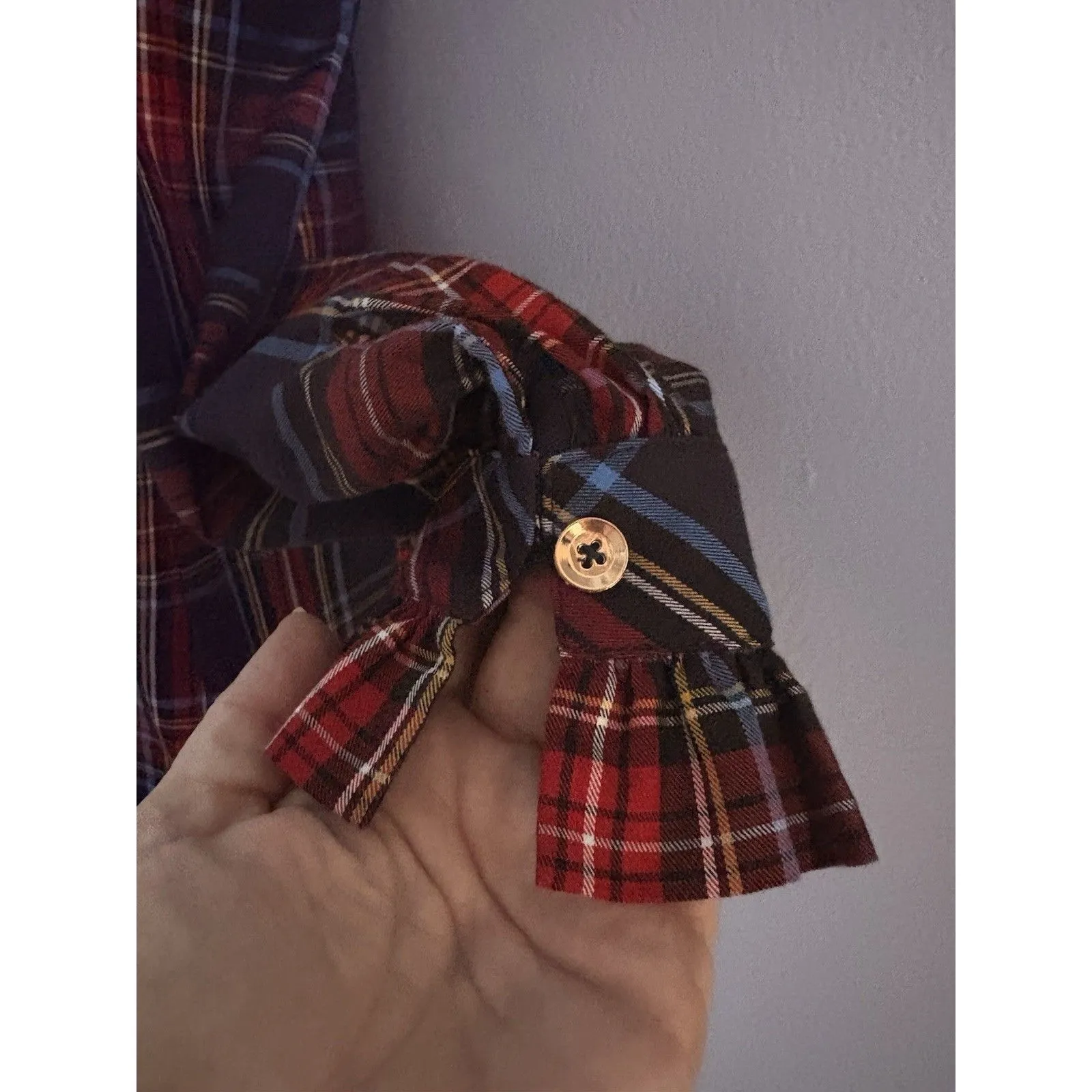 CK Bradley Ruffle Blouse Tartan Plaid Size XS Red Blue Preppy Holiday Oversize - Image 15