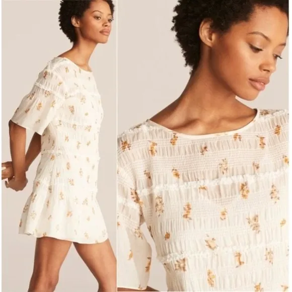 Rebecca Taylor Marigold Fleur Ines Smocked Floral Mini Dress Ivory Yellow XS - Image 2