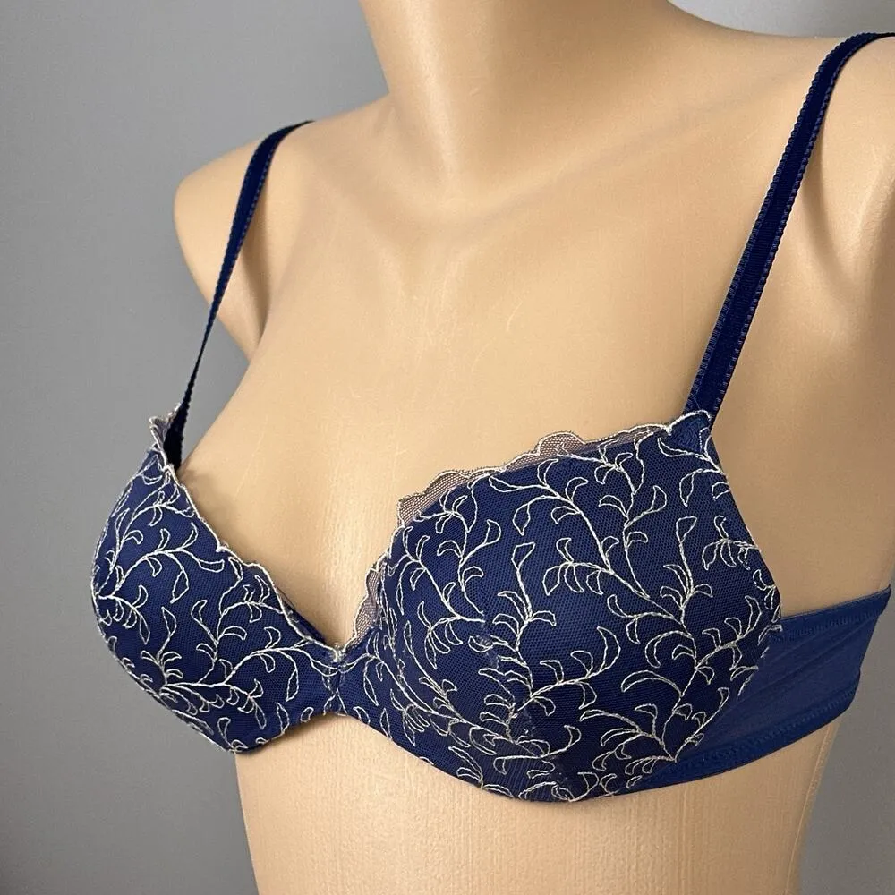 Vintage Lily of France 2111721 Embroidered Push Up Underwire Bra Womens 34B Blue - Image 2