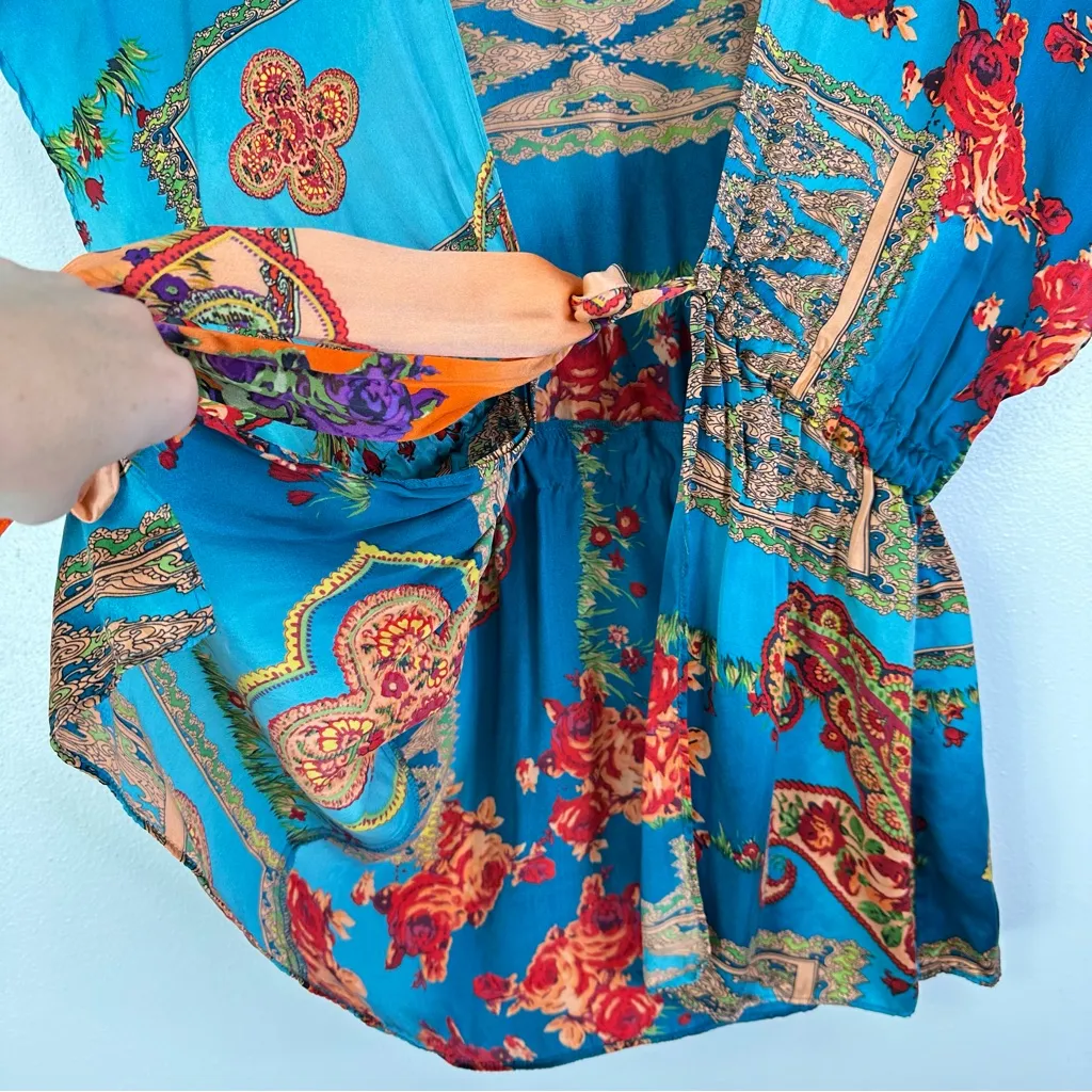 Single Mixed Print Silk Cardigan Blouse Teal‎ Size S Blue - Image 4