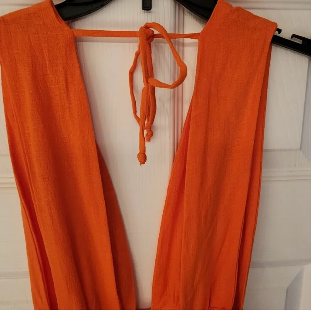 WET Vermillion Orange Plunge Neck Jumpsuit Linen Blend Women’s Size XS - Image 10