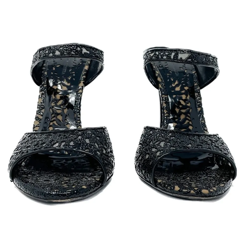 Bottega Veneta black patent lasercut lace strappy high heel sandals size 37.5 - Image 4