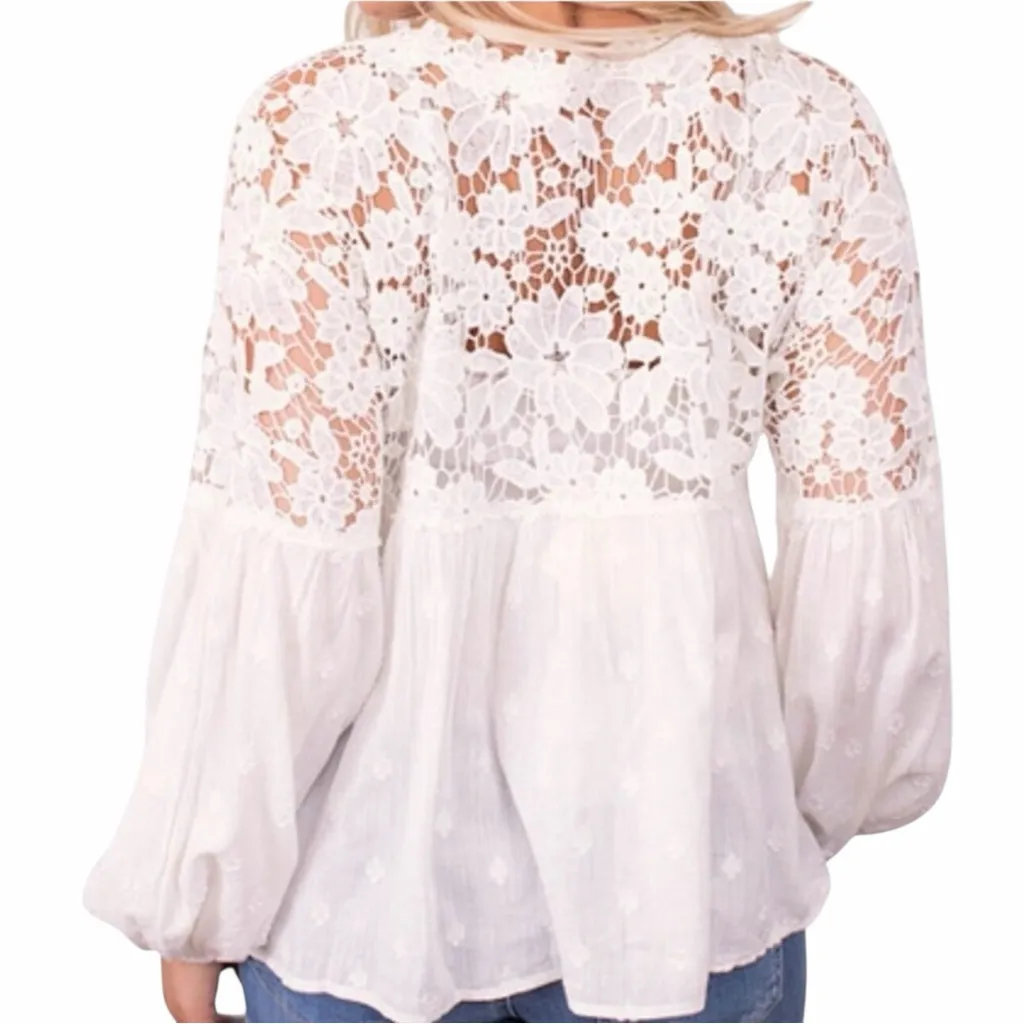 Free People White Floral Crochet Lace Long Sleeve Semi Sheer Lina Top size XS - Image 3