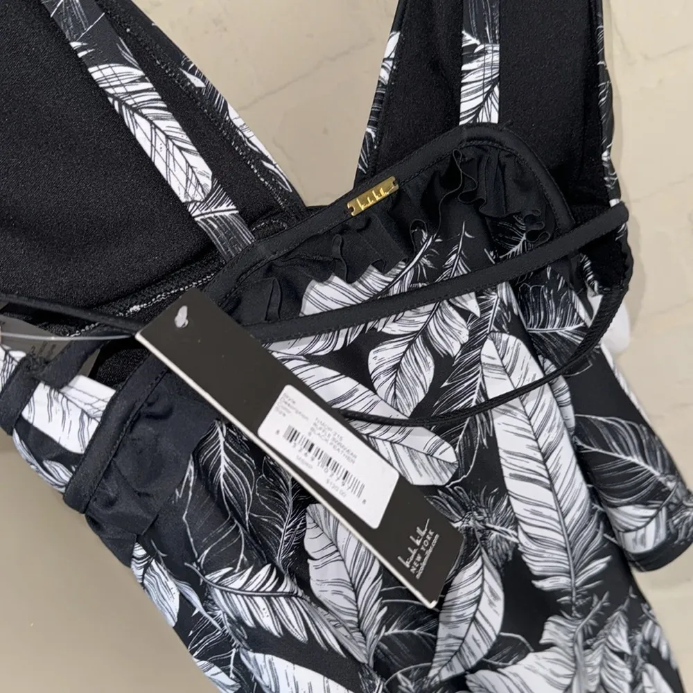 Nicole Miller swimsuit NEW plunge One Piece white Black feather print swimwear - Image 4