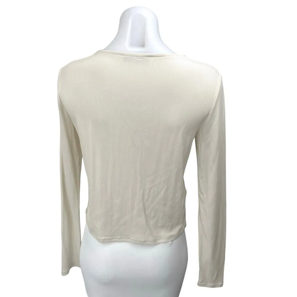 MNG Cream V Neck Ribbed Knit Long Sleeve Button Down Cardigan Sweater Top Size M Size M - Image 2