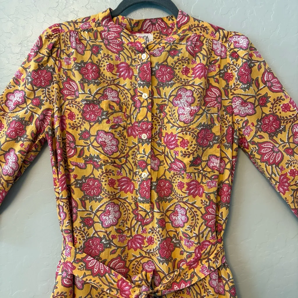 dRA Los Angeles Cassie yellow marigold floral print shirt dress size small - Image 3