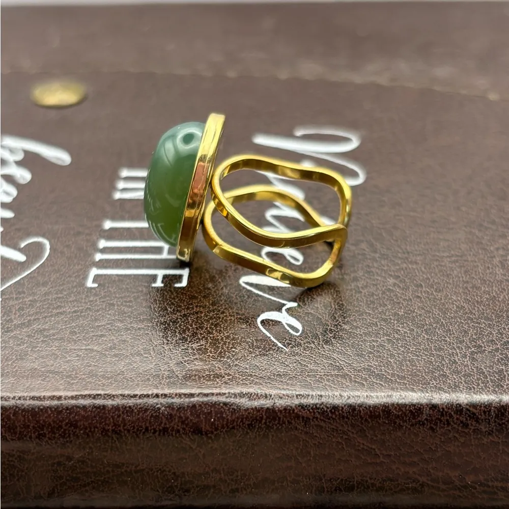 Green Jade Stainless Steel Adjustable Ring Bohemian - Image 2