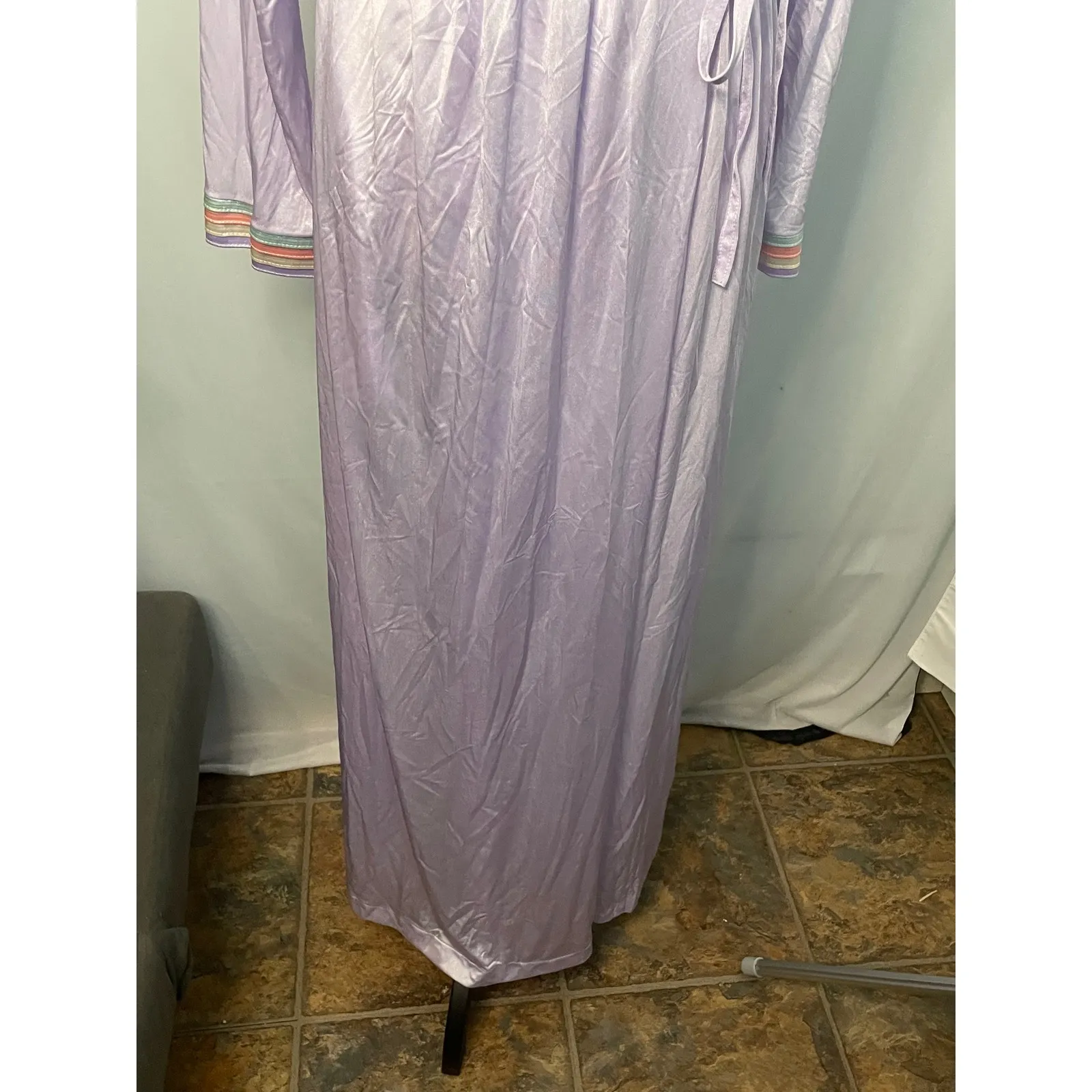 Vintage Lilac Robe Long Lounge Wear Rainbow‎ Trim Belted Womens Sleepwear Purple Size M - Image 5