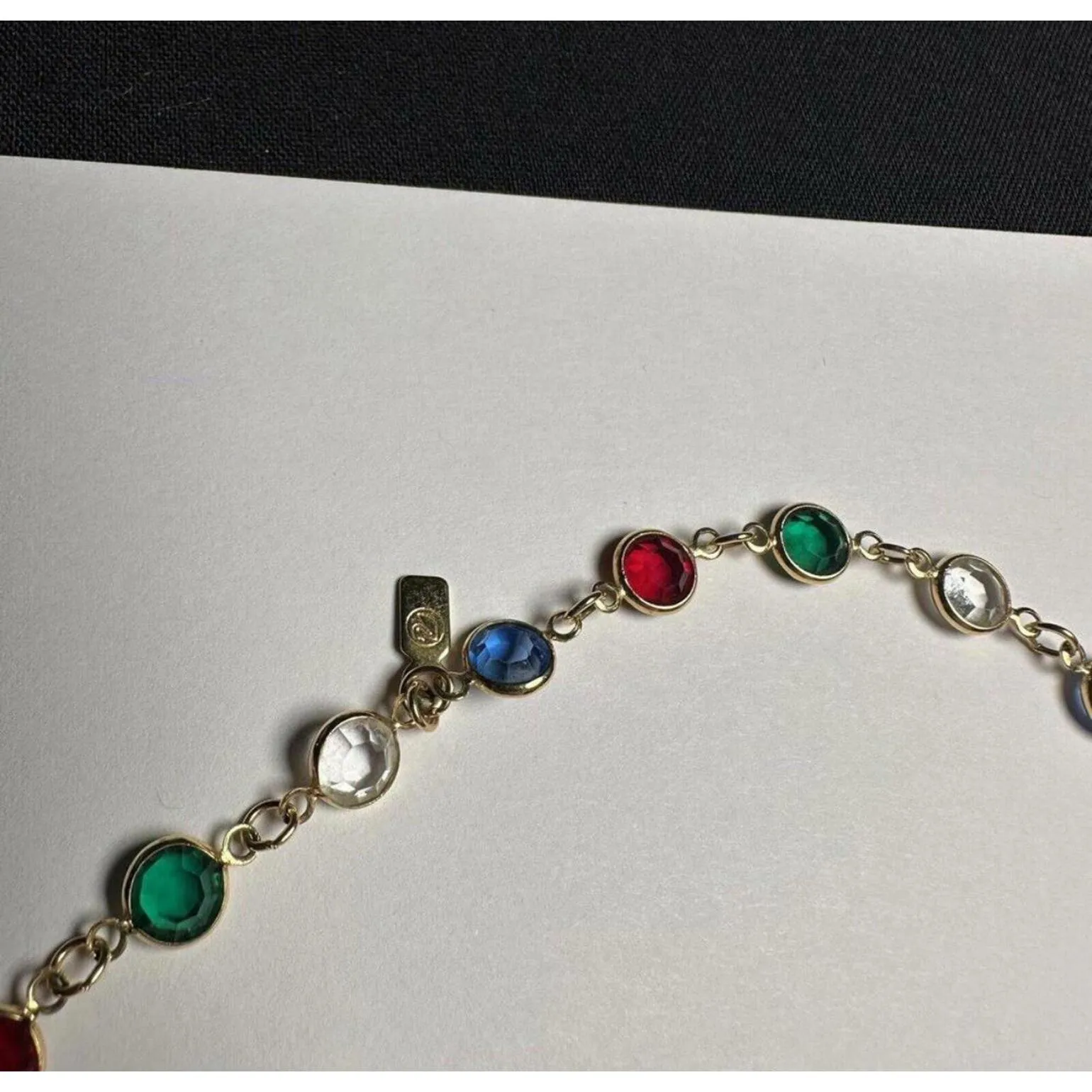 Swarovski Crystal (Swan Signed) Colorful Red Green Blue Clear Gold Tone Necklace - Image 6